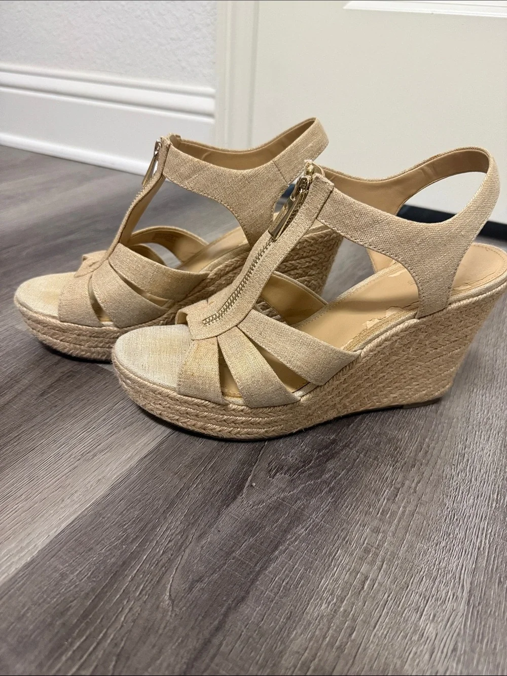 Michael Kors Beige Espadrille Front-Zip Wedge Sandals 8.5